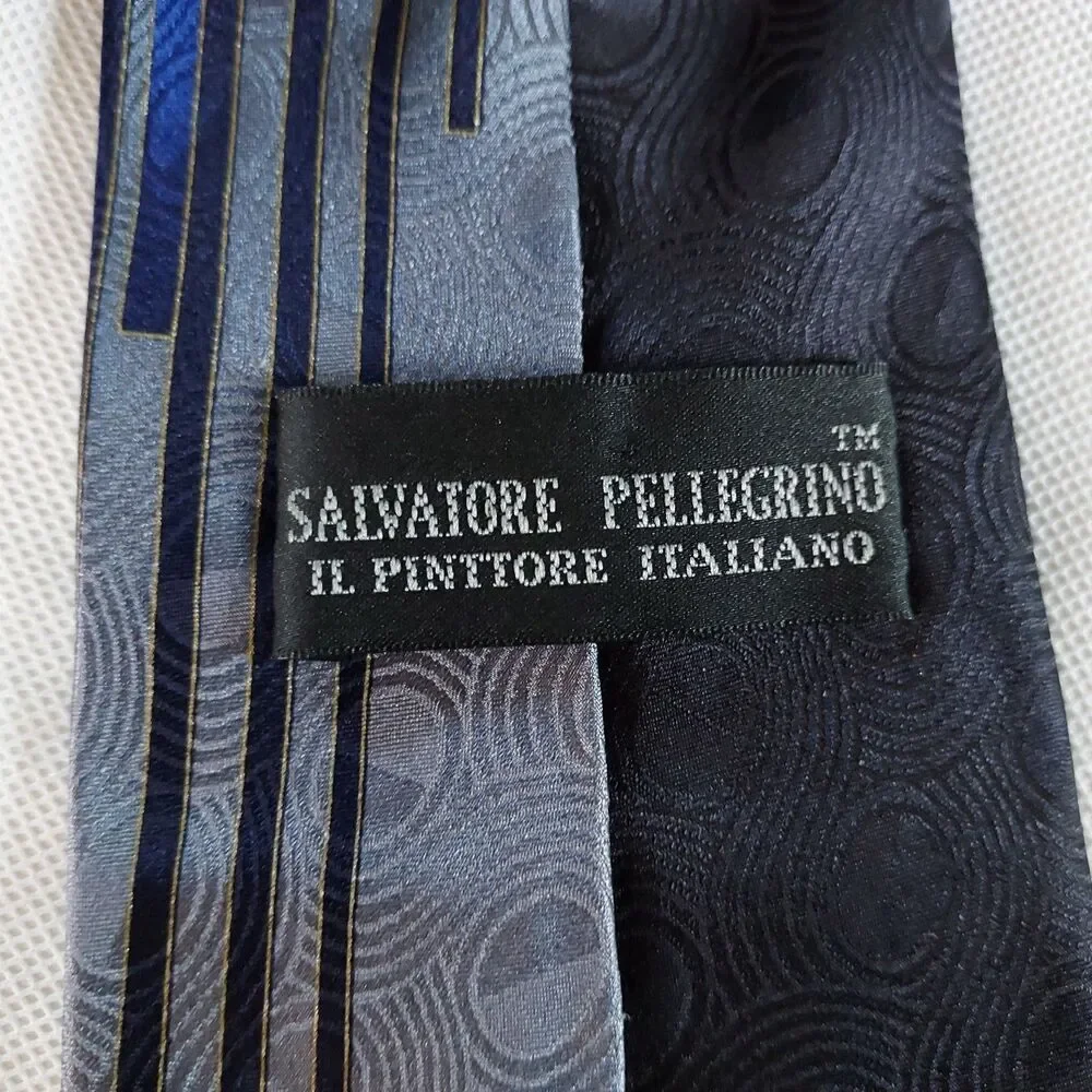 Salvatore Pellegrino IL Pinttore Italian Silk Mens Neck Tie Gray Black Blue